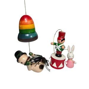 Wooden Ornament Lot Vintage Wood Hand Painted Bunny Rabbit Toy Soldier Snowman